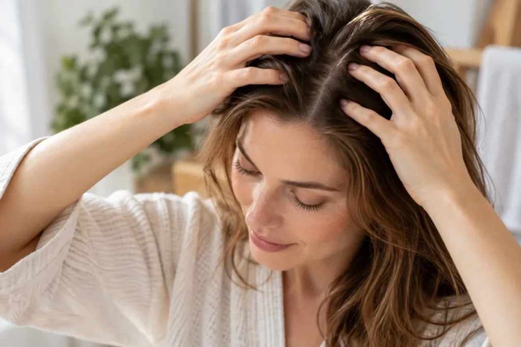 Kobieta podczas pielęgnacji skóry głowy – scalp care i świadoma pielęgnacja włosów